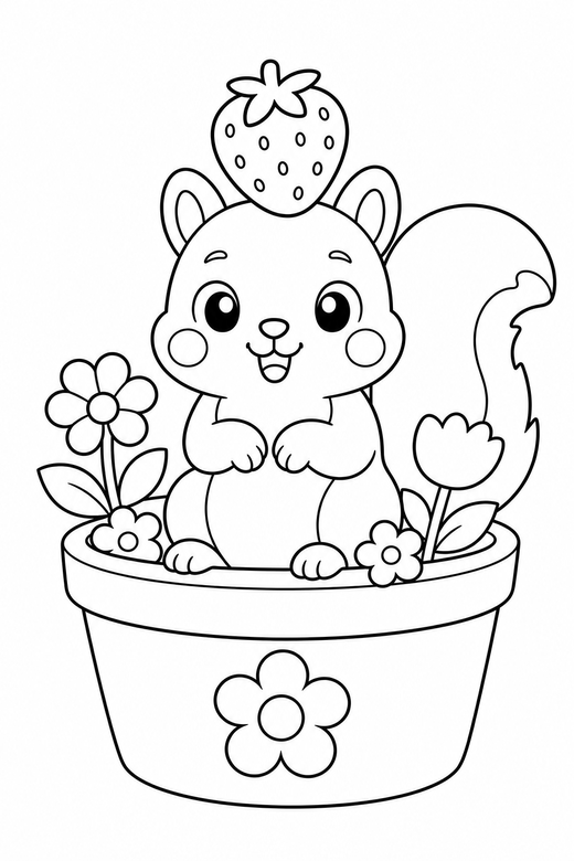 Squirrel strawberry hat in a flower pot: A squirrel with a bushy tail balancing a strawberry on its head in a flower pot, in a soft rounded kawaii style, free printable coloring page