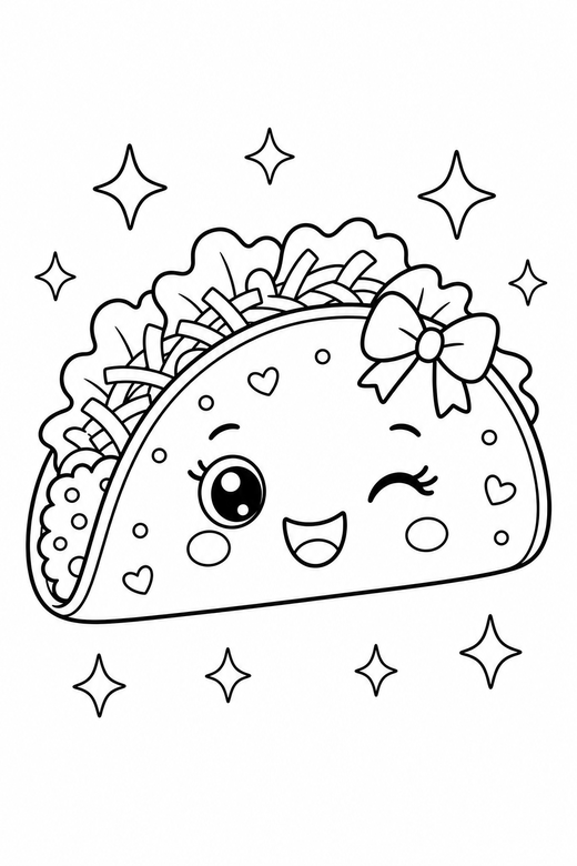Taco winking with sparkles: A folded taco with lettuce and cheese peeking out winking one eye with small sparkle shapes around it, with small decorative details such as tiny patterns and a little accessory, free printable coloring page