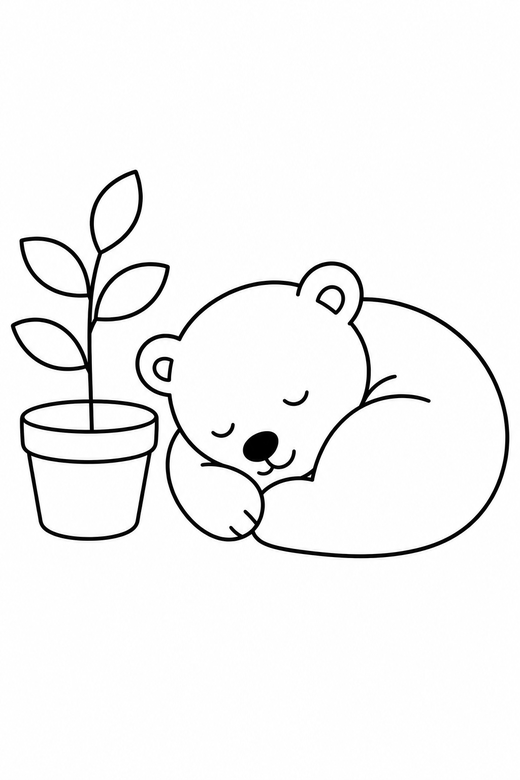 Polar bear cub curled up by a plant: A polar bear cub curled into a tight ball beside a small potted plant, in a very simple minimal style with only a few lines, free printable coloring page