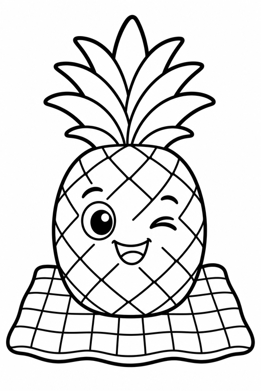 Pineapple winking on a picnic cloth: A pineapple with spiky leaves winking one eye on a checked picnic cloth, in a chunky sticker style with an extra thick outline, free printable coloring page