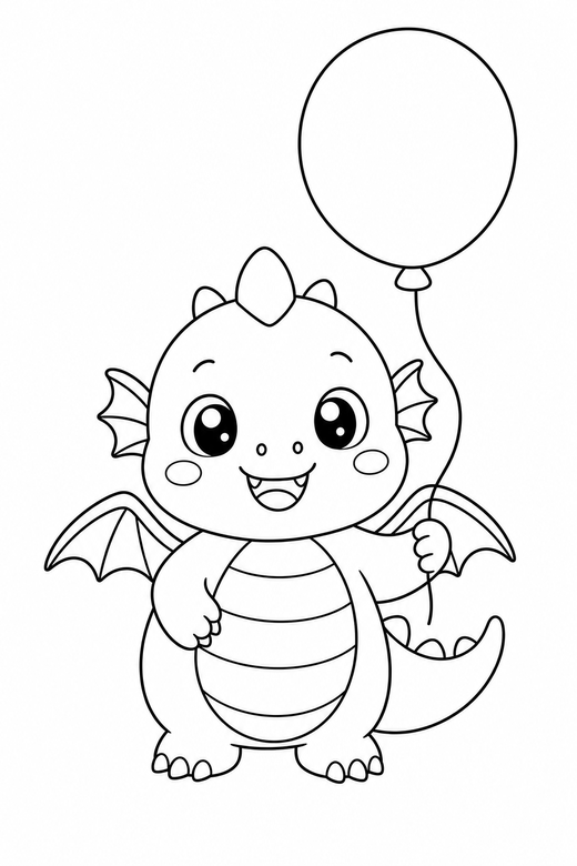 Baby dragon with a balloon plain: A round baby dragon holding a balloon string on a plain background with generous white space, in a soft rounded kawaii style, free printable coloring page