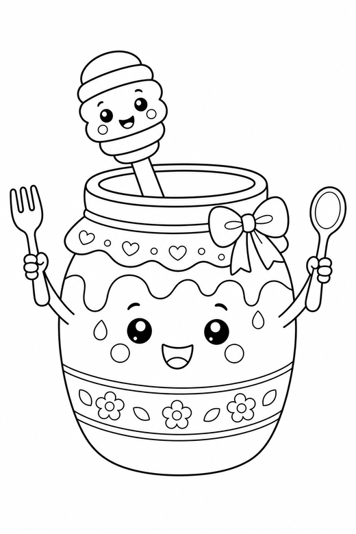 Honey jar arms up with cutlery: A honey jar with a dipper with tiny stick arms raised with a tiny fork and spoon beside it, with small decorative details such as tiny patterns and a little accessory, free printable coloring page