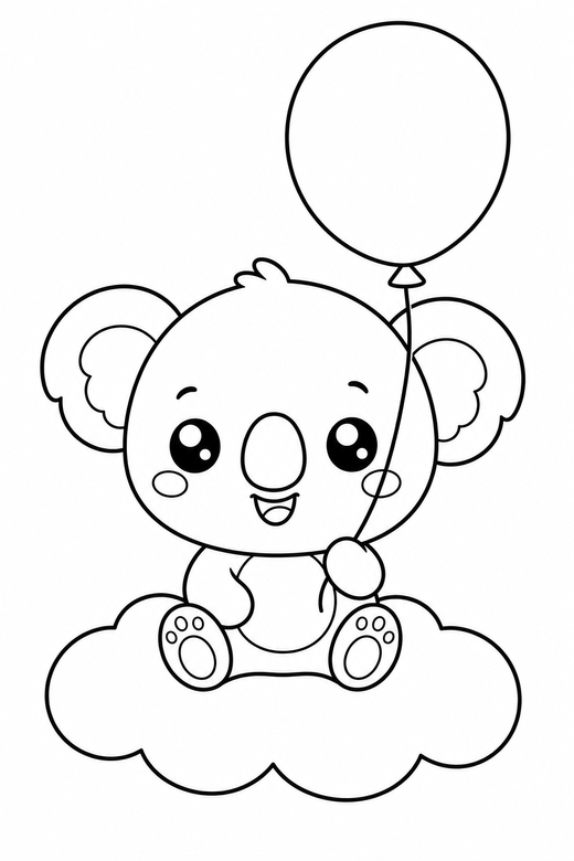 Koala with a balloon on a cloud: A round koala holding a balloon string resting on a soft cloud, in a chibi style with an oversized head and a tiny body, free printable coloring page
