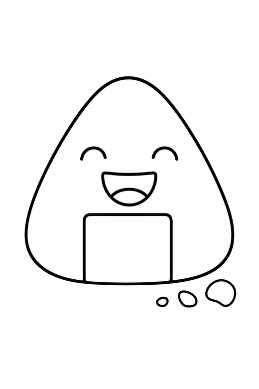 Onigiri smiling with crumbs: A triangular rice ball with a strip of seaweed with a wide happy smile with a few crumbs beside it, in a very simple minimal style with only a few lines, free printable coloring page