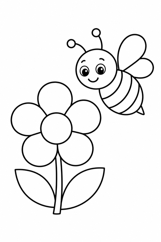 Bee and a flower: A round bee hovering beside one simple flower, free printable coloring page