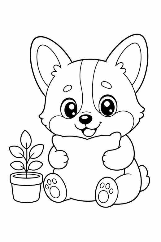 Corgi hugging a cushion by a plant: A short-legged corgi hugging a small cushion beside a small potted plant, in a chibi style with an oversized head and a tiny body, free printable coloring page