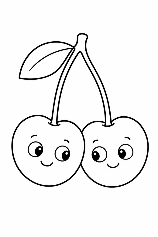 Pair of cherries shy plain: Two cherries joined by their stems with a shy sideways glance on a plain background with generous white space, in a very simple minimal style with only a few lines, free printable coloring page