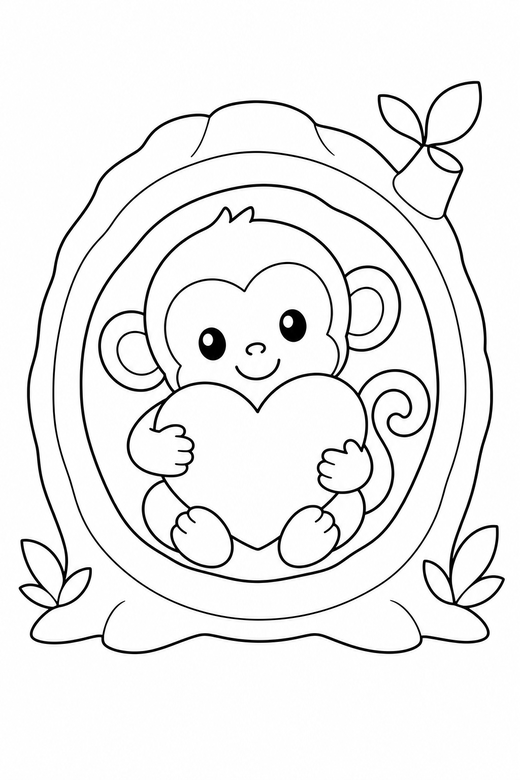 Monkey hugging a heart in a log: A small monkey hugging a heart shape inside a hollow log, in a soft rounded kawaii style, free printable coloring page