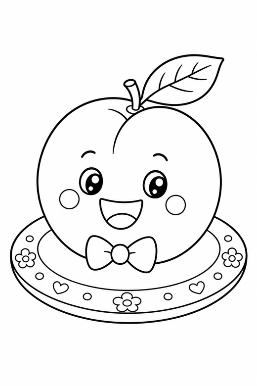 Peach smiling on a plate: A round peach with a single leaf with a wide happy smile on a small round plate, with small decorative details such as tiny patterns and a little accessory, free printable coloring page