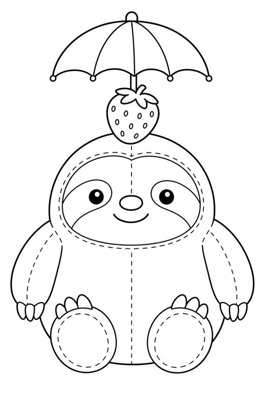 Sloth strawberry hat under an umbrella: A round sloth balancing a strawberry on its head under a little umbrella, drawn to look like a soft plush toy with visible stitch lines, free printable coloring page