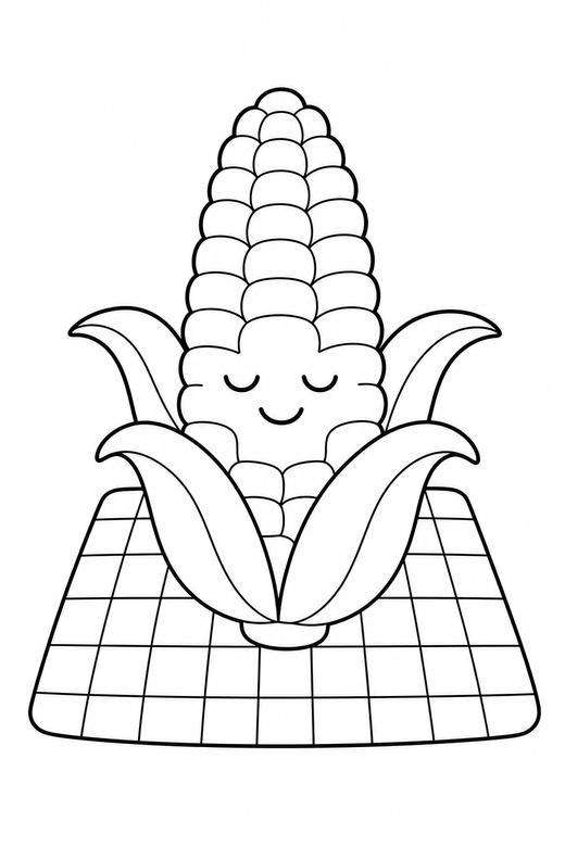 Corn cob content on a picnic cloth: A corn cob with the husk peeled back with closed content eyes on a checked picnic cloth, in a very simple minimal style with only a few lines, free printable coloring page