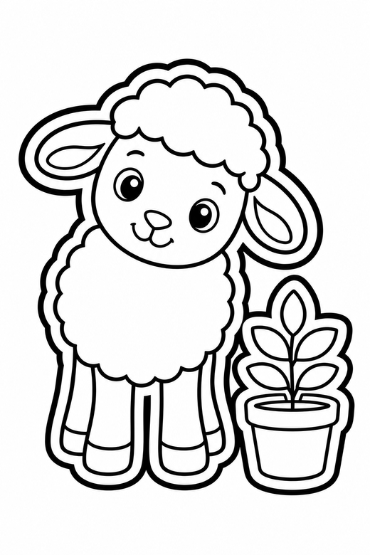 Lamb head tilted by a plant: A woolly lamb tilting its head to one side beside a small potted plant, in a chunky sticker style with an extra thick outline, free printable coloring page