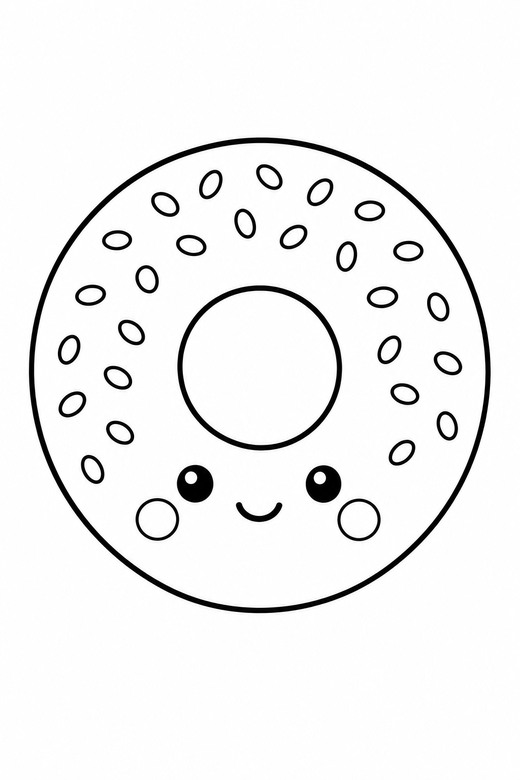 Bagel blushing plain: A bagel with a ring of seeds with rosy cheeks and a tiny smile on a plain background with generous white space, in a very simple minimal style with only a few lines, free printable coloring page