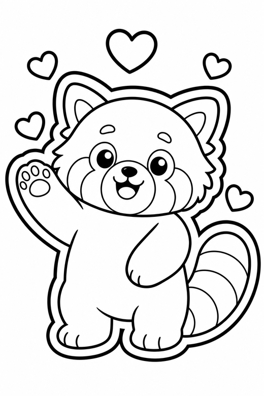 Red panda waving with hearts: A fluffy red panda waving one paw with small hearts floating around it, in a chunky sticker style with an extra thick outline, free printable coloring page