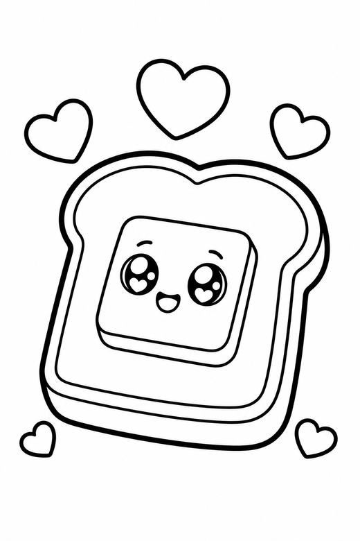 Slice of toast starry-eyed with hearts: A slice of toast with a square of butter with big sparkling eyes with tiny hearts floating around it, in a chunky sticker style with an extra thick outline, free printable coloring page