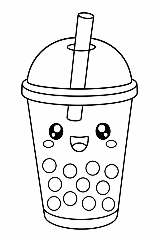 Boba tea cup: A bubble tea cup with a straw and a happy face, free printable coloring page