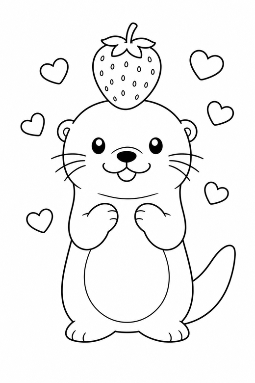 Otter strawberry hat with hearts: A small otter balancing a strawberry on its head with small hearts floating around it, in a soft rounded kawaii style, free printable coloring page