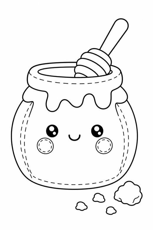 Honey jar blushing with crumbs: A honey jar with a dipper with rosy cheeks and a tiny smile with a few crumbs beside it, drawn to look like a soft plush toy with visible stitch lines, free printable coloring page