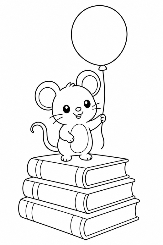 Mouse with a balloon on books: A small mouse holding a balloon string on a stack of books, in a soft rounded kawaii style, free printable coloring page