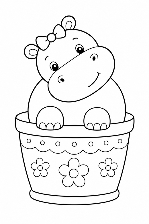 Hippo head tilted in a flower pot: A round hippo tilting its head to one side in a flower pot, with small decorative details such as tiny patterns and a little accessory, free printable coloring page