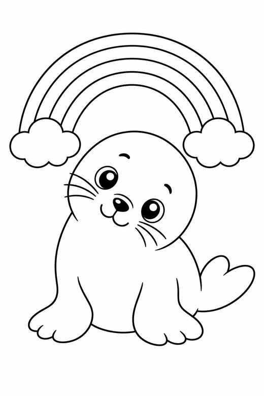 Seal pup head tilted under a rainbow: A round seal pup tilting its head to one side under a tiny rainbow, in a soft rounded kawaii style, free printable coloring page