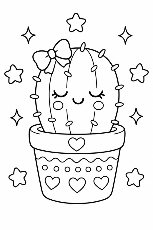 Potted cactus content with stars: A small cactus in a pot with closed content eyes with little stars around it, with small decorative details such as tiny patterns and a little accessory, free printable coloring page