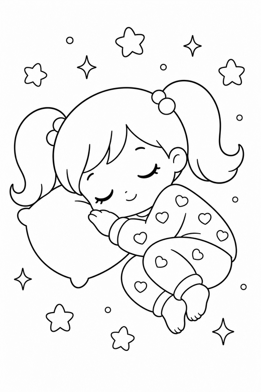 Girl with pigtails asleep with sparkles: An original chibi girl with pigtails sleeping curled up with sparkles around, in a soft rounded kawaii style, free printable coloring page