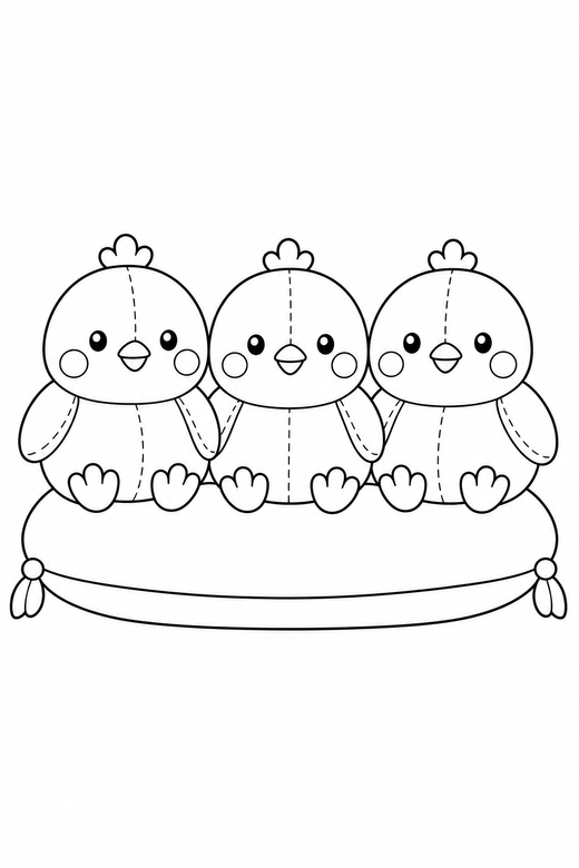 Row of chicks blushing on a cushion: A row of three round chicks with matching rosy cheeks on one cushion together, drawn to look like a soft plush toy with visible stitch lines, free printable coloring page