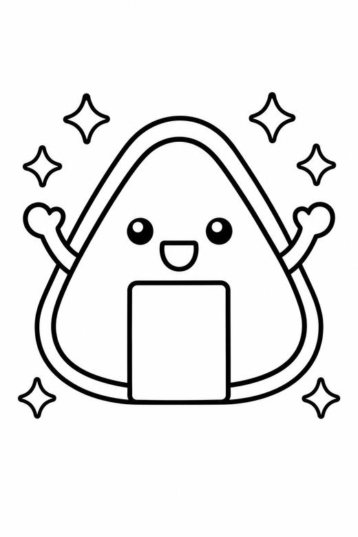 Onigiri arms up with sparkles: A triangular rice ball with a strip of seaweed with tiny stick arms raised with small sparkle shapes around it, in a chunky sticker style with an extra thick outline, free printable coloring page