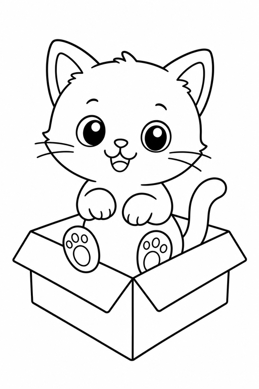 Kitten sitting up in a box: A tiny kitten sitting up on its haunches inside a cardboard box, in a soft rounded kawaii style, free printable coloring page