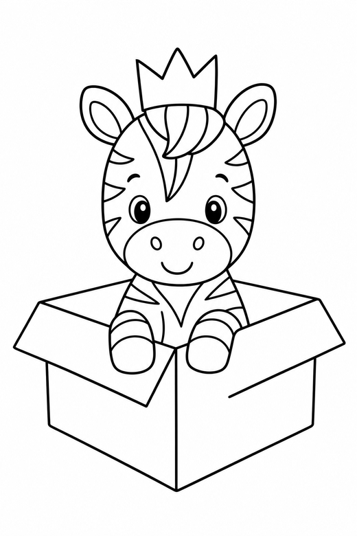 Zebra crowned in a box: A small zebra wearing a tiny paper crown inside a cardboard box, in a very simple minimal style with only a few lines, free printable coloring page