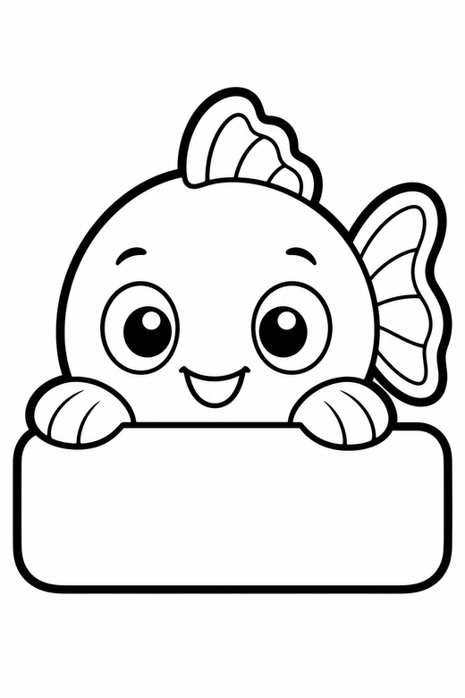 Goldfish peeking plain: A round goldfish peeking over a ledge on a plain background with generous white space, in a chunky sticker style with an extra thick outline, free printable coloring page