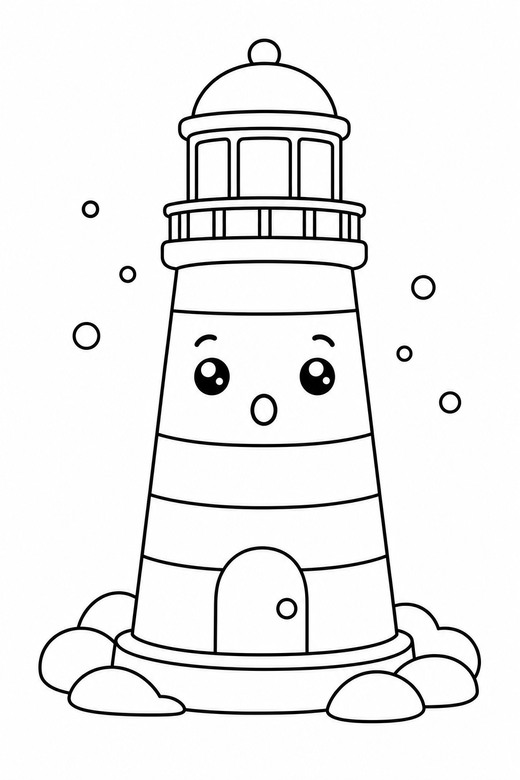 Lighthouse surprised with dots: A striped lighthouse with a surprised round mouth with a few floating dots around it, in a soft rounded kawaii style, free printable coloring page