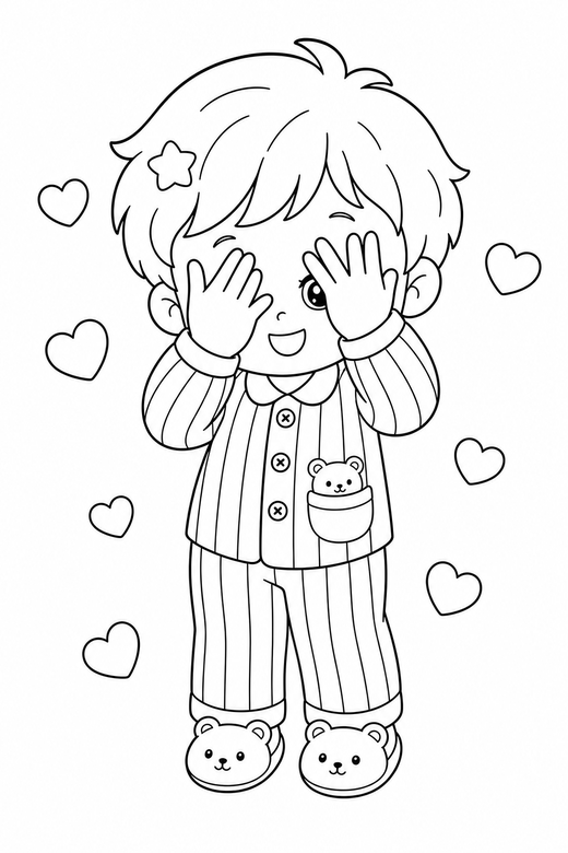 Kid in pajamas peeking with hearts: An original chibi child in striped pajamas peeking from behind both hands with small hearts floating around, with small decorative details such as tiny patterns and a little accessory, free printable coloring page