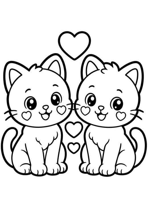 Two kittens blushing with hearts: Two kittens side by side with matching rosy cheeks with hearts between them, in a chunky sticker style with an extra thick outline, free printable coloring page