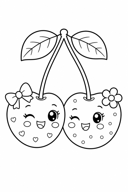 Pair of cherries winking plain: Two cherries joined by their stems winking one eye on a plain background with generous white space, with small decorative details such as tiny patterns and a little accessory, free printable coloring page