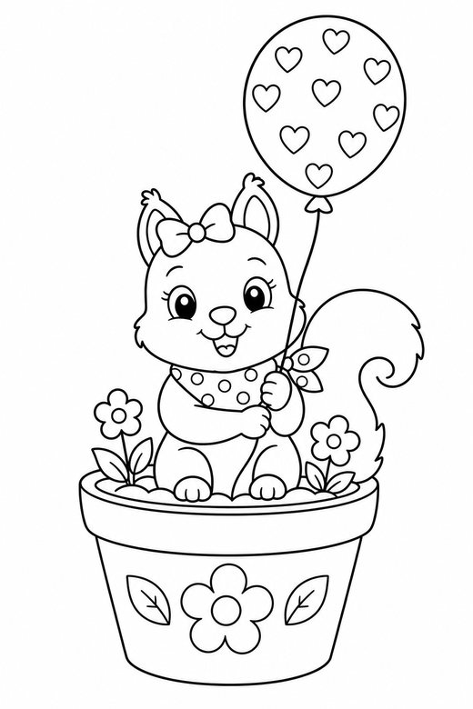 Squirrel with a balloon in a flower pot: A squirrel with a bushy tail holding a balloon string in a flower pot, with small decorative details such as tiny patterns and a little accessory, free printable coloring page