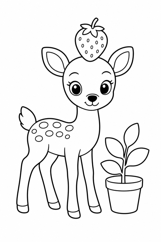 Fawn strawberry hat by a plant: A spotted fawn balancing a strawberry on its head beside a small potted plant, in a very simple minimal style with only a few lines, free printable coloring page