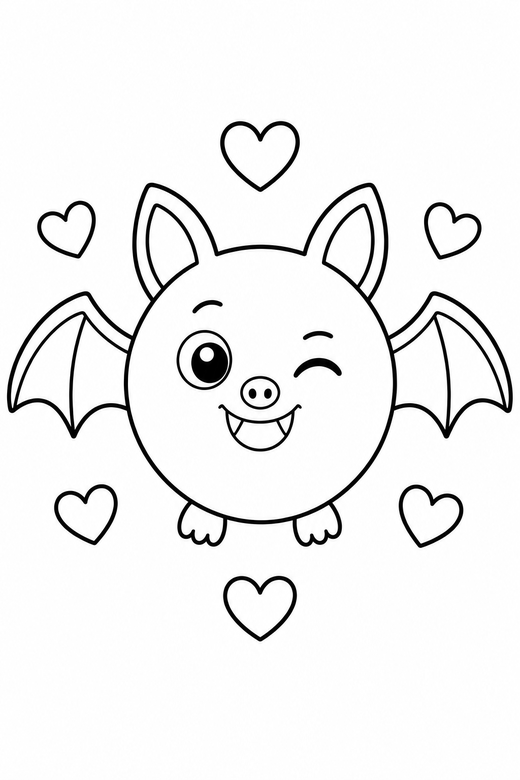 Bat winking with hearts: A round bat winking one eye with small hearts floating around it, in a very simple minimal style with only a few lines, free printable coloring page