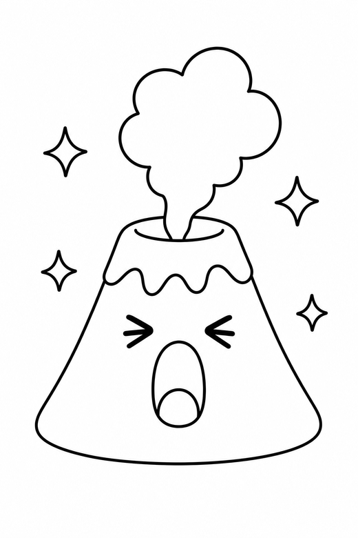 Volcano yawning with sparkles: A small volcano with a puff of smoke mid-yawn with eyes squeezed shut with small sparkle shapes around it, in a very simple minimal style with only a few lines, free printable coloring page