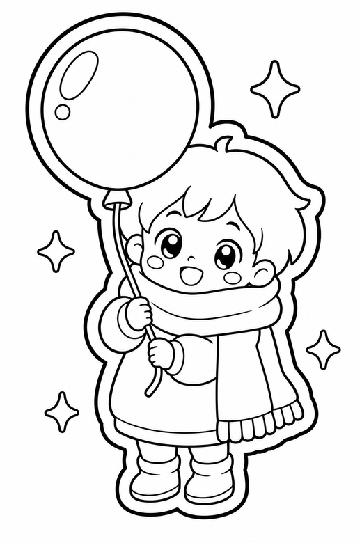 Kid in a big scarf with a balloon: An original chibi child wrapped in an oversized scarf holding a big balloon with sparkles around, in a chunky sticker style with an extra thick outline, free printable coloring page