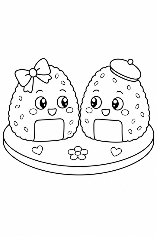 Two onigiri looking at each other on a plate: Two rice balls side by side looking at each other on one round plate, with small decorative details such as tiny patterns and a little accessory, free printable coloring page