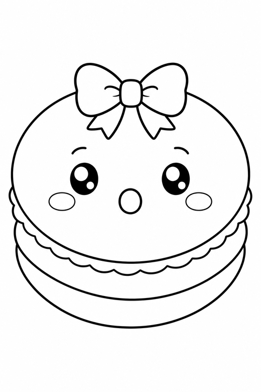 Macaron surprised with a bow: A round macaron with a cream filling with a surprised round mouth wearing a small ribbon bow, in a soft rounded kawaii style, free printable coloring page
