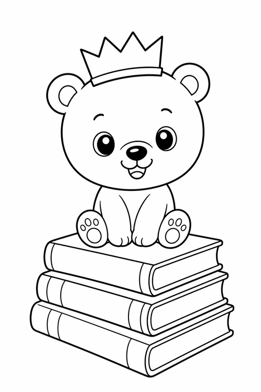 Polar bear cub crowned on books: A polar bear cub wearing a tiny paper crown on a stack of books, in a chibi style with an oversized head and a tiny body, free printable coloring page