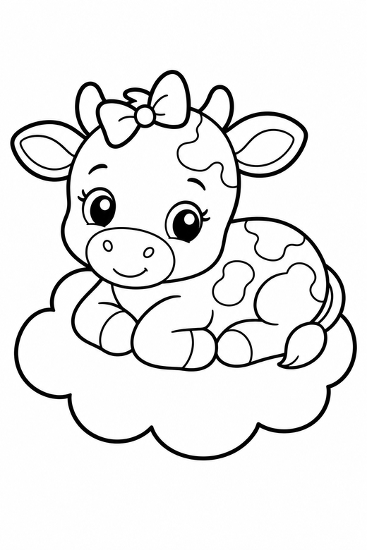 Calf with a bow on a cloud: A small spotted calf with a tiny bow on its head resting on a soft cloud, in a chunky sticker style with an extra thick outline, free printable coloring page