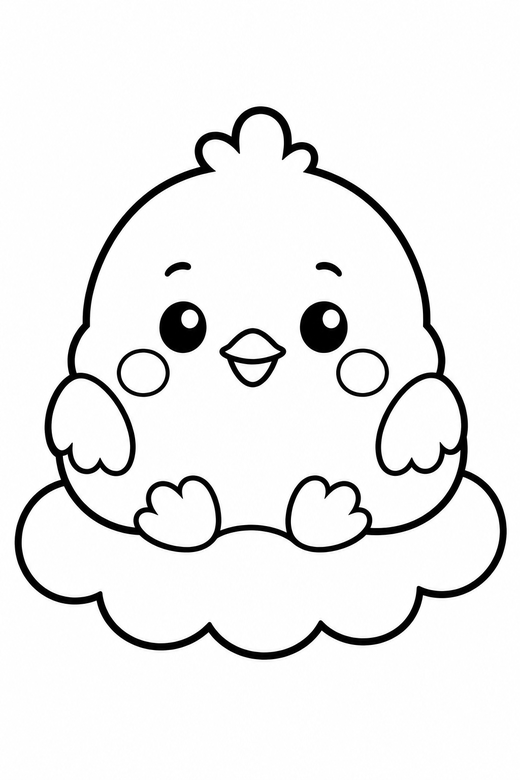 Chick blushing on a cloud: A round fluffy chick with rosy cheeks and a tiny smile resting on a soft cloud, in a chunky sticker style with an extra thick outline, free printable coloring page