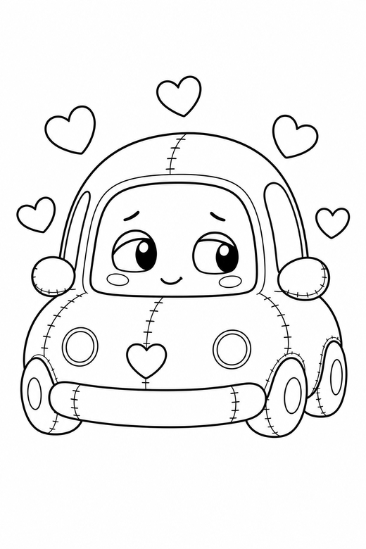 Little car shy with hearts: A tiny rounded car with a shy sideways glance with tiny hearts around it, drawn to look like a soft plush toy with visible stitch lines, free printable coloring page