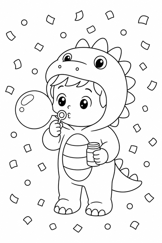 Kid in a dinosaur costume blowing a bubble: An original chibi child in a dinosaur costume blowing a soap bubble with confetti falling, in a soft rounded kawaii style, free printable coloring page