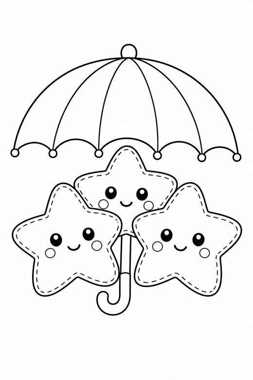 Cluster of stars cheek to cheek: A cluster of three small stars cheek to cheek under one small umbrella, drawn to look like a soft plush toy with visible stitch lines, free printable coloring page