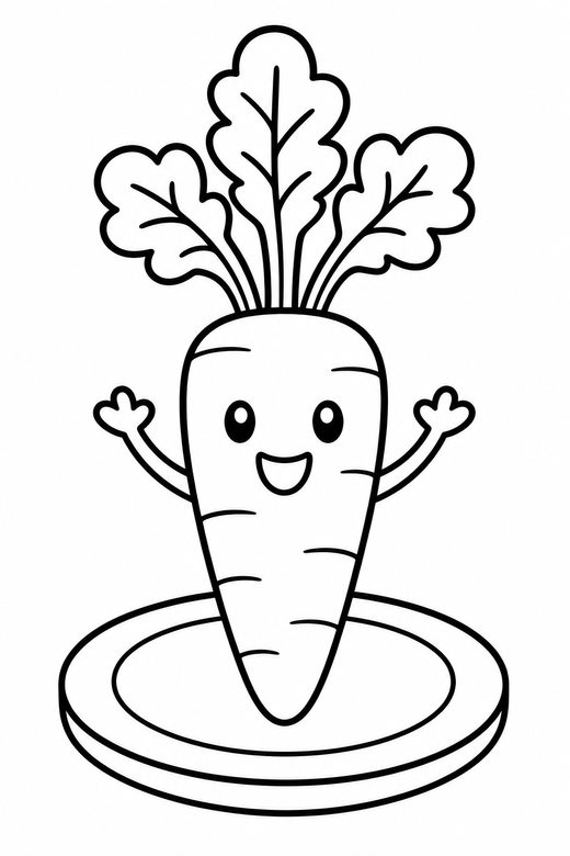 Carrot arms up on a plate: A carrot with leafy tops with tiny stick arms raised on a small round plate, in a chunky sticker style with an extra thick outline, free printable coloring page